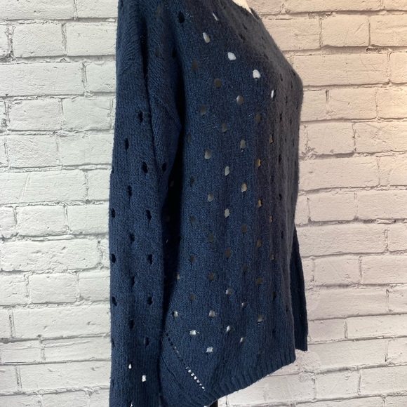 Maurice’s Womens Navy Blue Crochet Sweater Open Polka Dot Knot High Low Medium - Picture 5 of 12